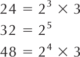 Fatoração dos números 24, 32 e 48